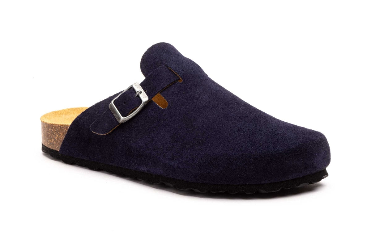 Sabot Juliet bleu marine en cuir suédé, vue trois-quarts