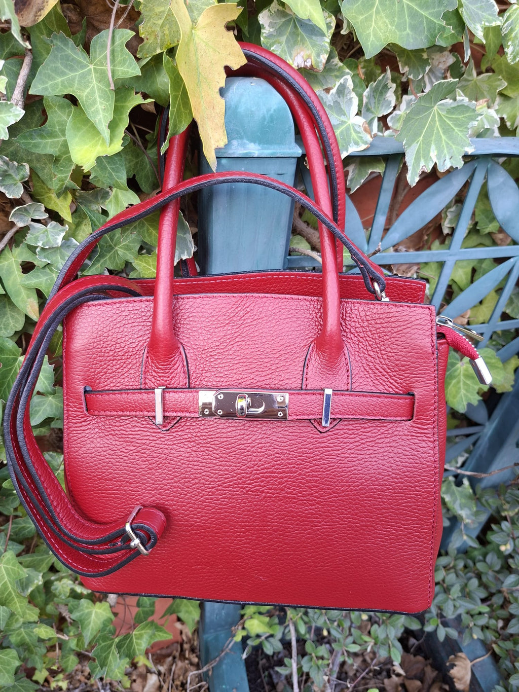 Sac à Main Cuir Véritable Style Birkin — Rouge — Fabriqué en Italie