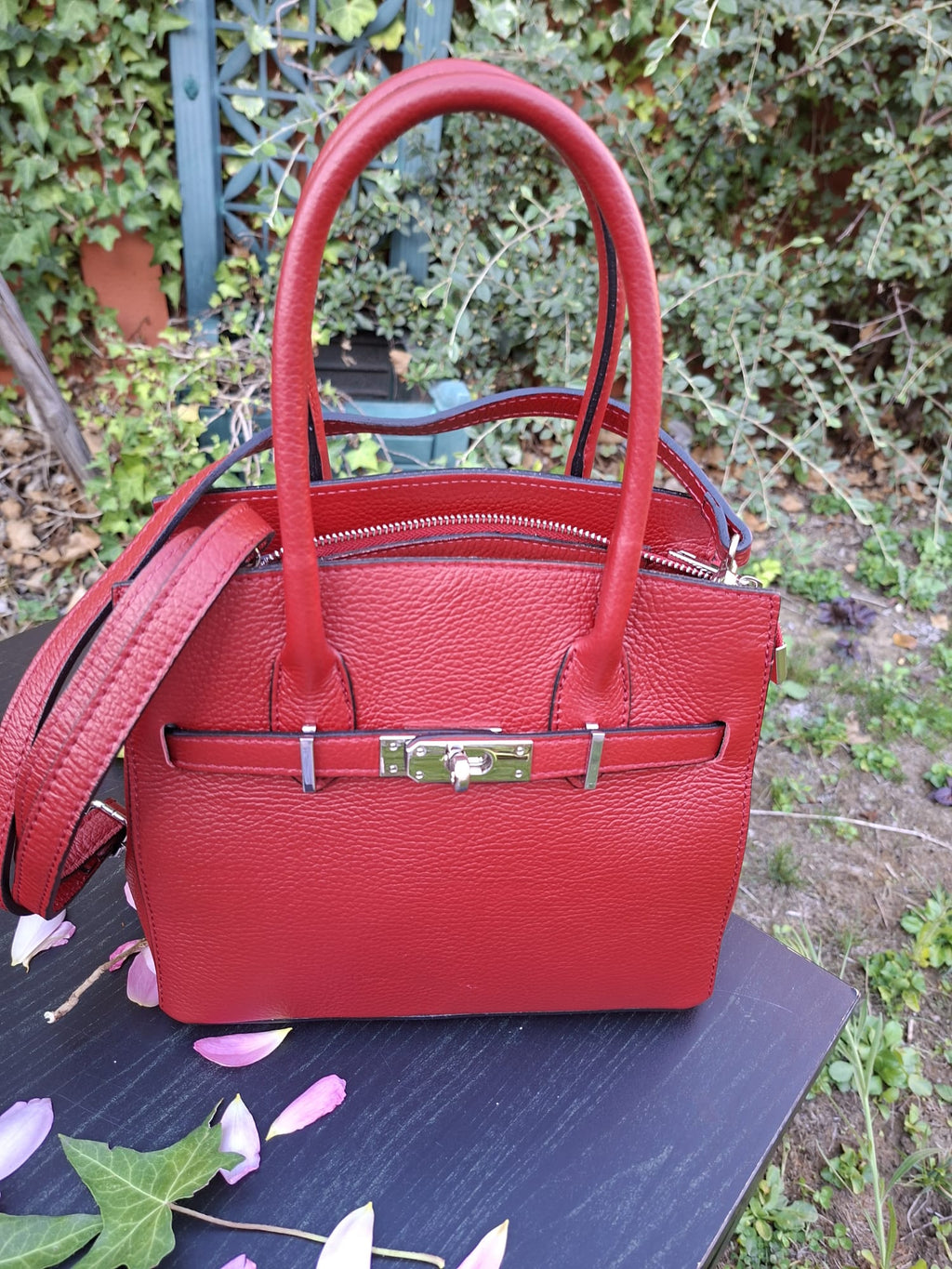 Sac à Main Cuir Véritable Style Birkin — Rouge — Fabriqué en Italie