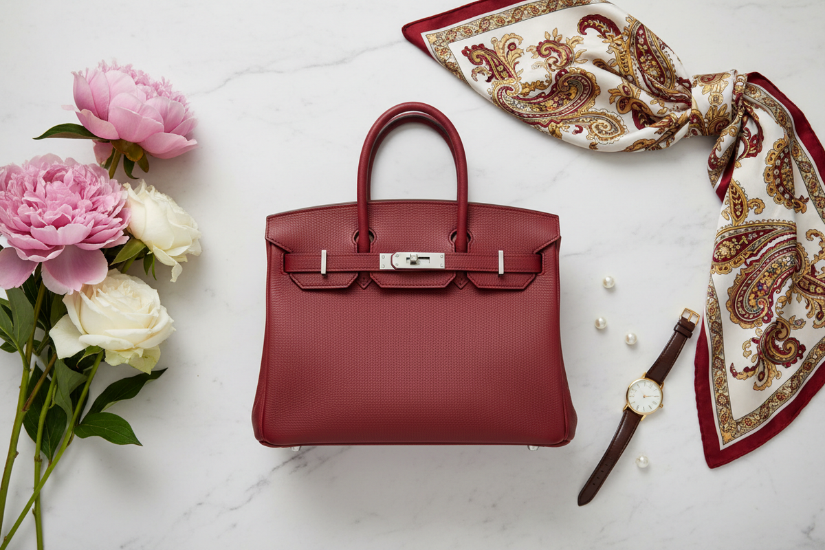 Sac à Main Cuir Véritable Style Birkin — Rouge — Fabriqué en Italie