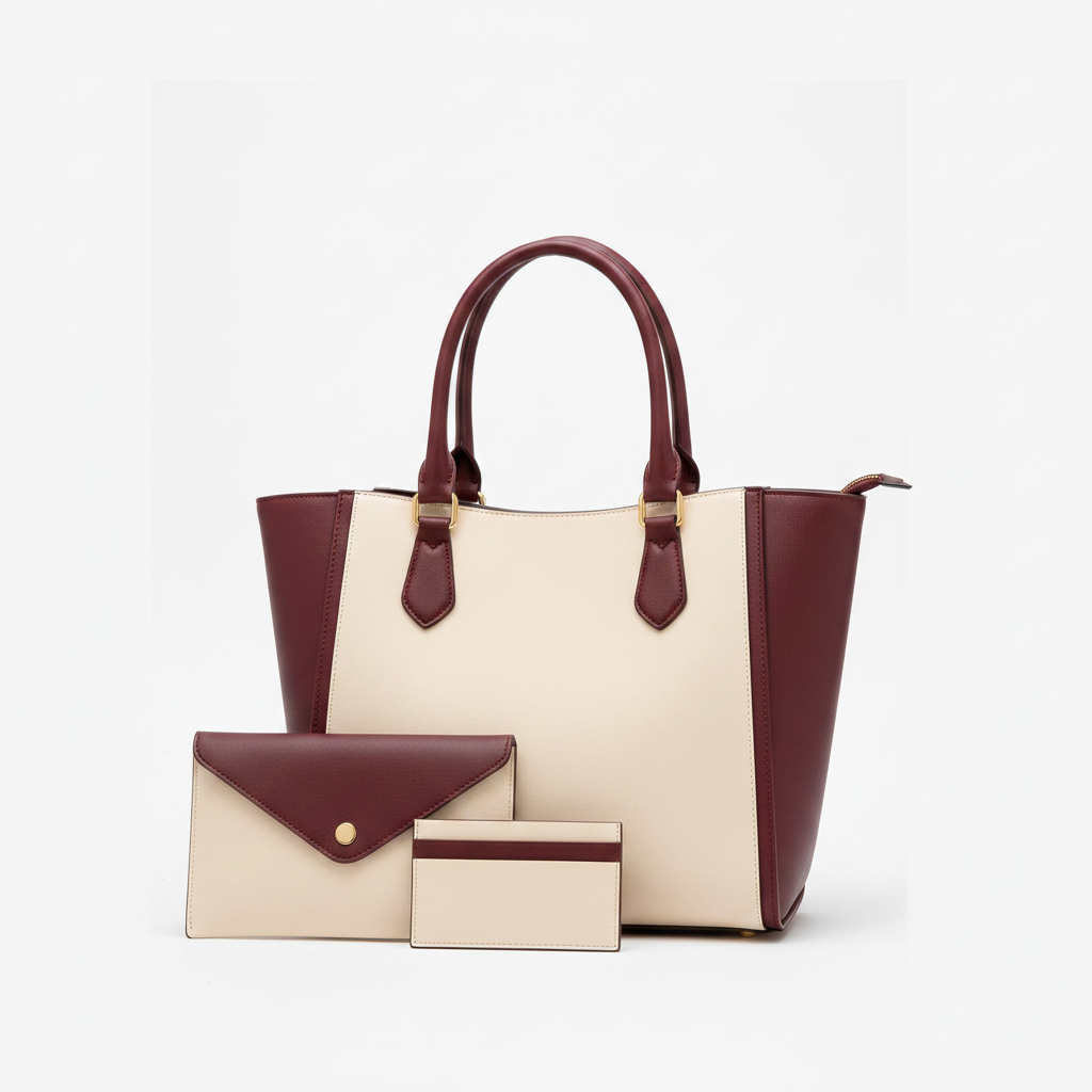 Ensemble sac bicolore crème bordeaux