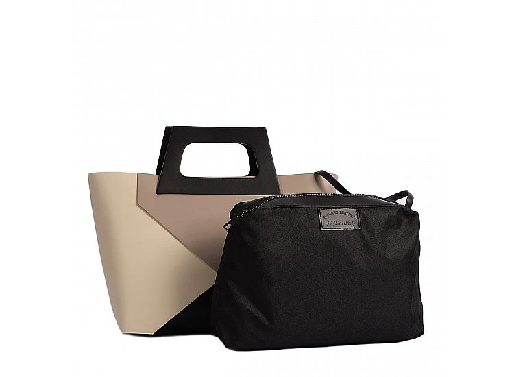 Sac à main structuré bicolore taupe/noir avec pochette amovible – Réf. 24042