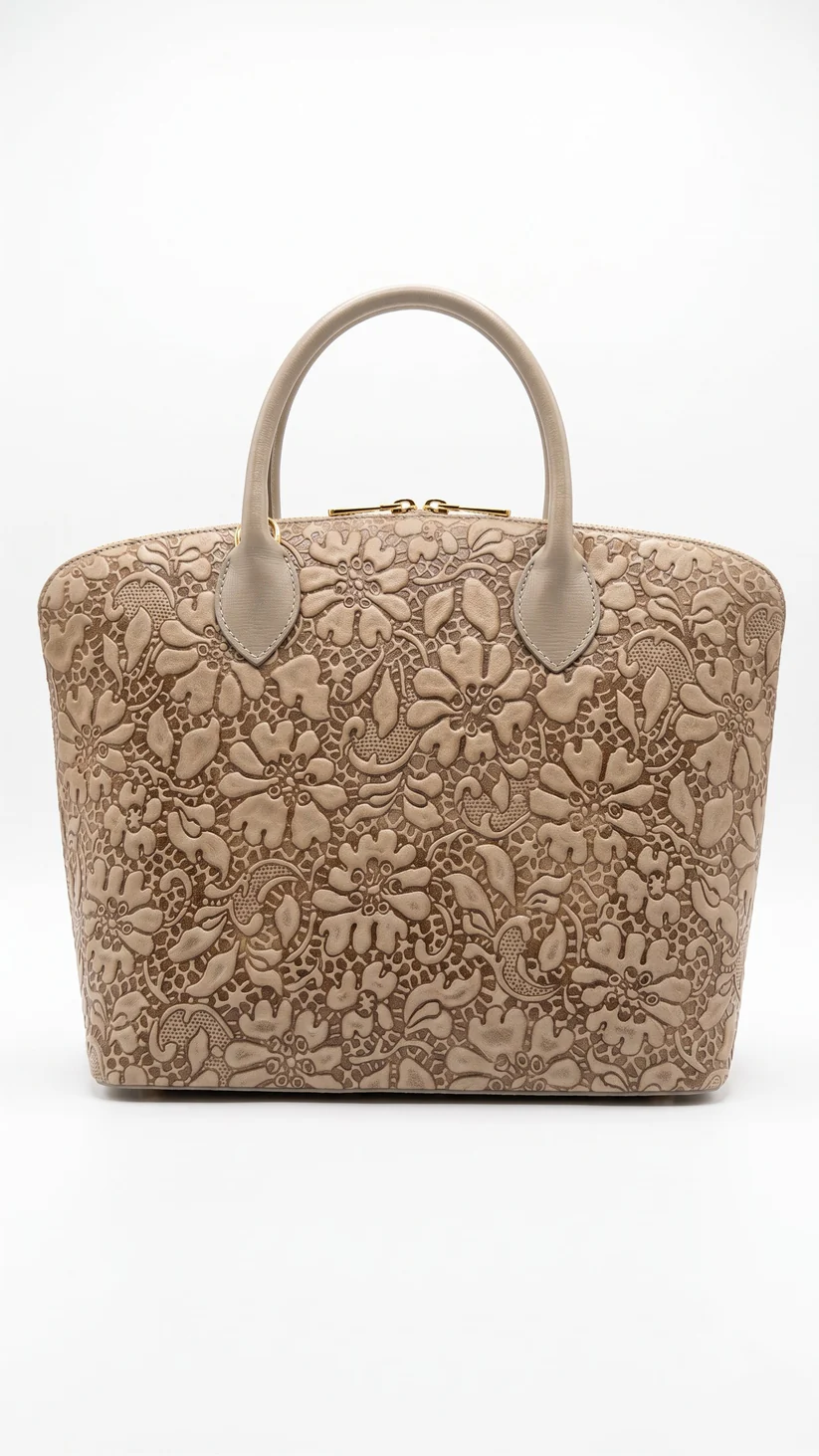 Sac cabas structuré en cuir suédé imprimé motif dentelle – Made in Italy