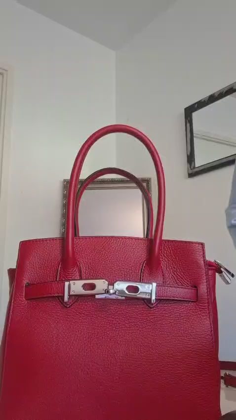 Sac à Main Cuir Véritable Style Birkin — Kaki Olive — Fabriqué en Italie